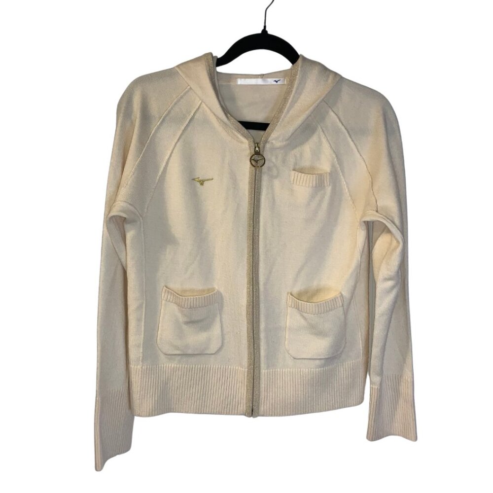 Mizuno Women's Quiet Luxury Knit Hoodie Size S Ivory Gold Athleisure Preppy